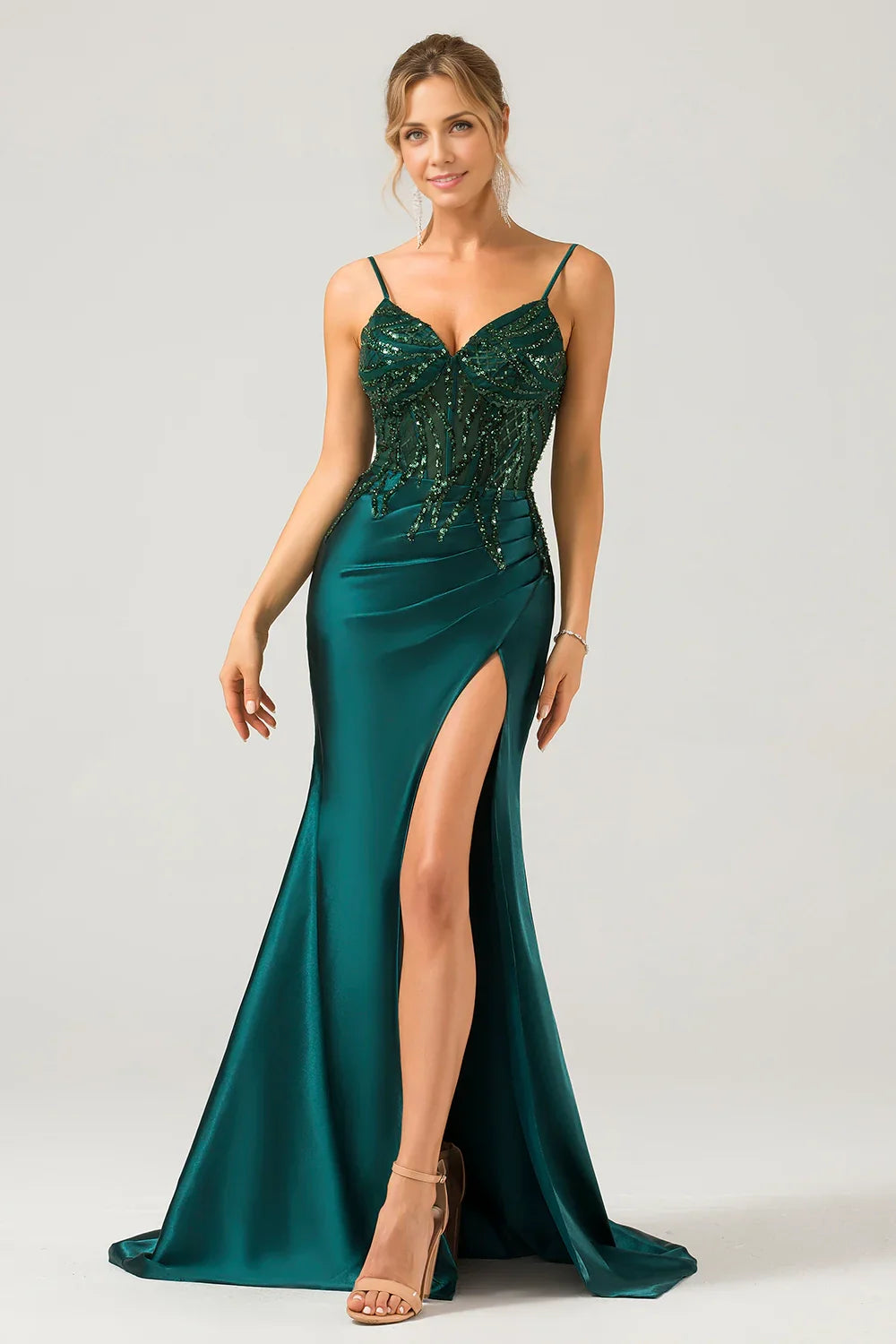 Sexy mermaid slim shoulder strap pleated sequin slit bridesmaid dress