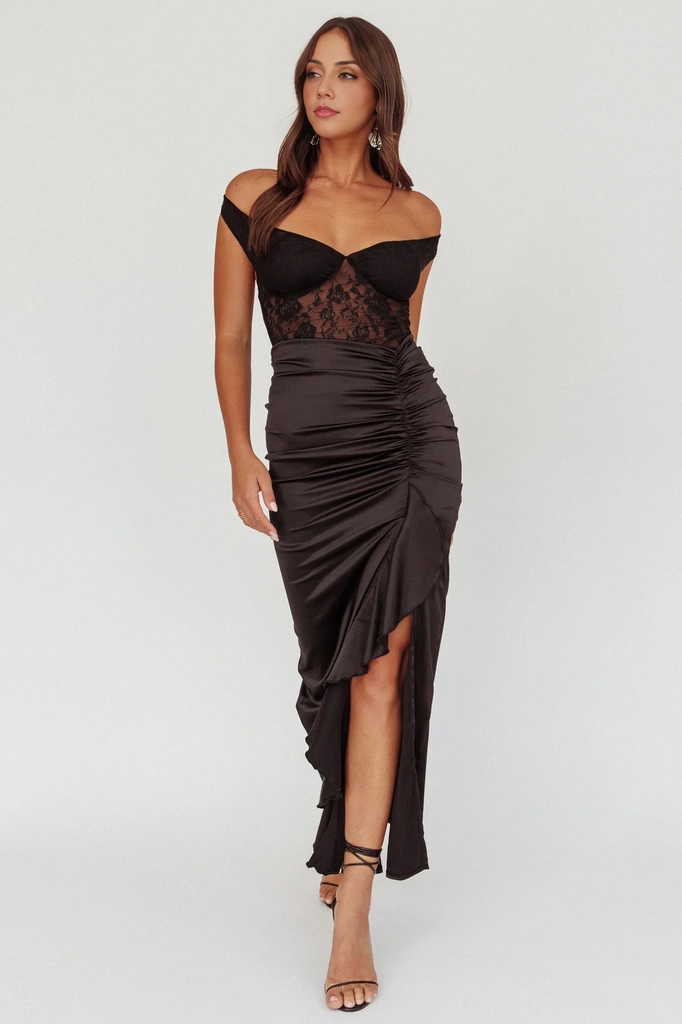 Sexy ruffled tight fitting mid length lace corset bridesmaid dress