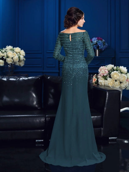 Sheath Chiffon Off-the-Shoulder Long Sleeves Sweep/Brush Train With Beading Mother of the Bride Dresses