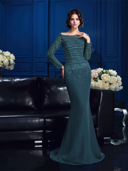 Sheath Chiffon Off-the-Shoulder Long Sleeves Sweep/Brush Train With Beading Mother of the Bride Dresses