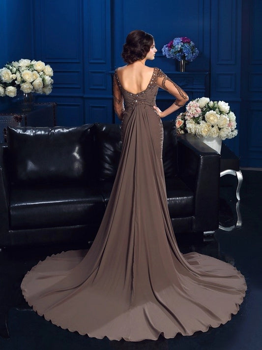 Sheath Chiffon Scoop 3/4 Sleeves Court Train With Beading Mother of the Bride Dresses