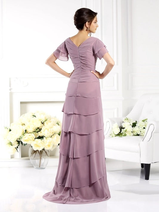 Sheath Chiffon V-neck Short Sleeves Floor-Length With Layers Mother of the Bride Dresses