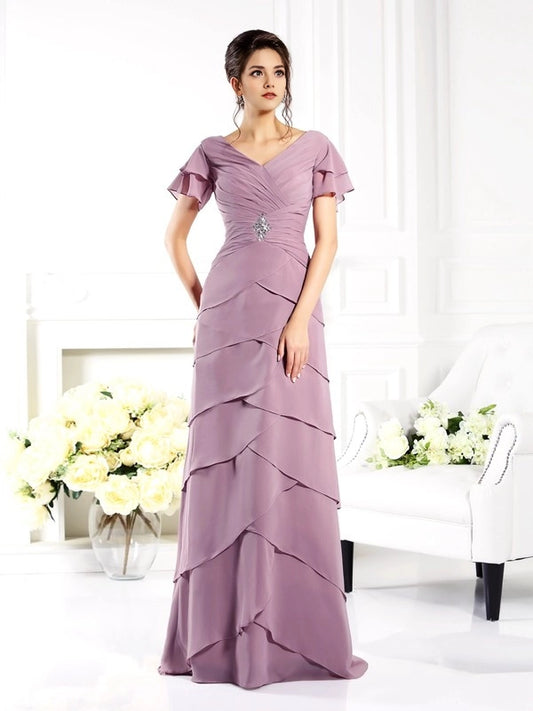 Sheath Chiffon V-neck Short Sleeves Floor-Length With Layers Mother of the Bride Dresses
