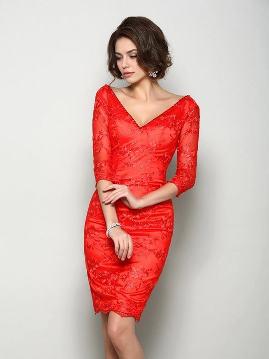 Sheath Lace V-neck 1/2 Sleeves Knee-Length With Lace Mother of the Bride Dresses