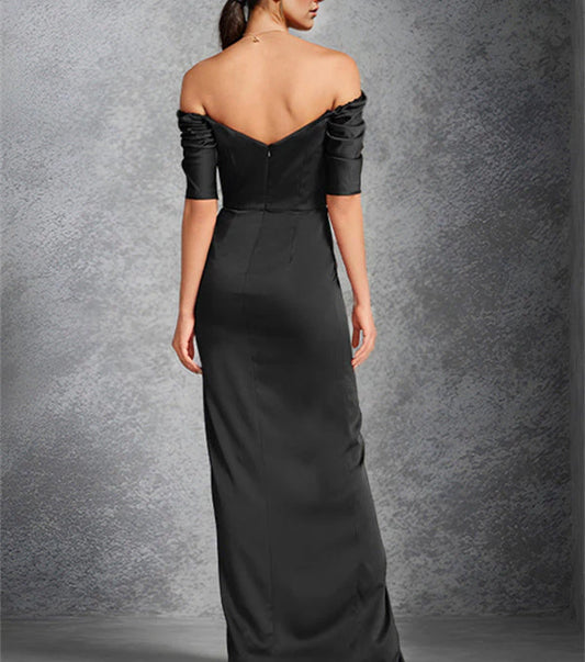 Tight off shoulder short sleeved floor standing bridal dress with front slit