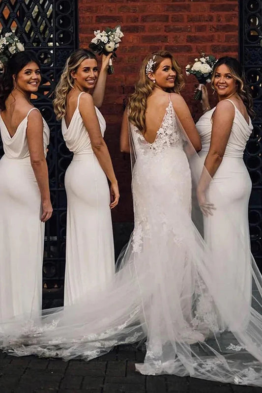 Sheath Spaghetti Strap Draped Long Bridesmaid Dress