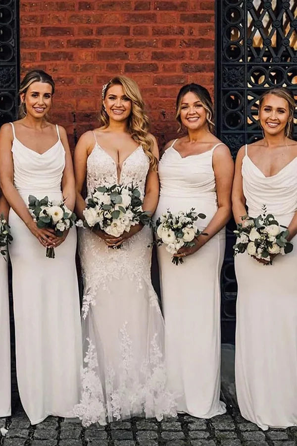 Sheath Spaghetti Strap Draped Long Bridesmaid Dress