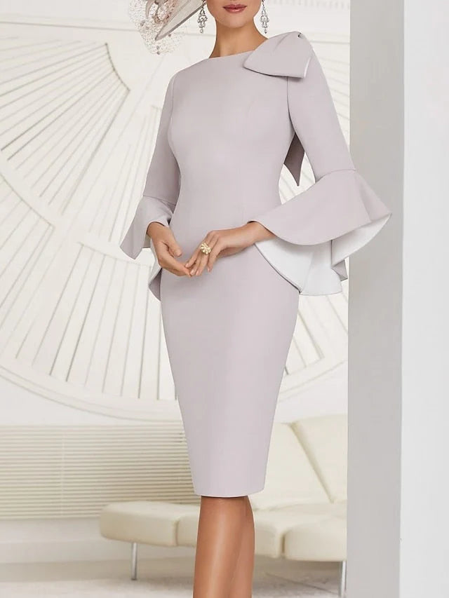Tight fitting long sleeved knee length bridal mother gown