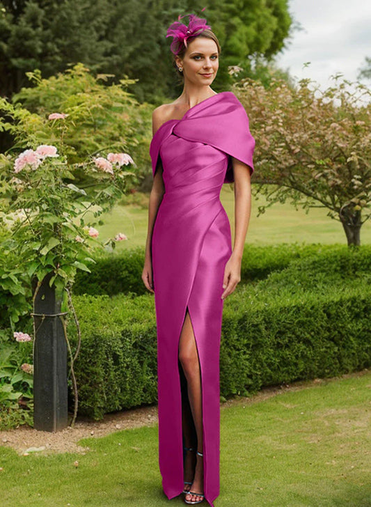 Waist up one shoulder floor standing side slit bridal and mother's formal dress