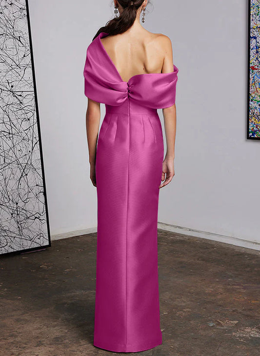 Waist up one shoulder floor standing side slit bridal and mother's formal dress