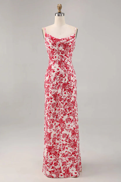 Sheath spaghetti with flower long wedding guest dress