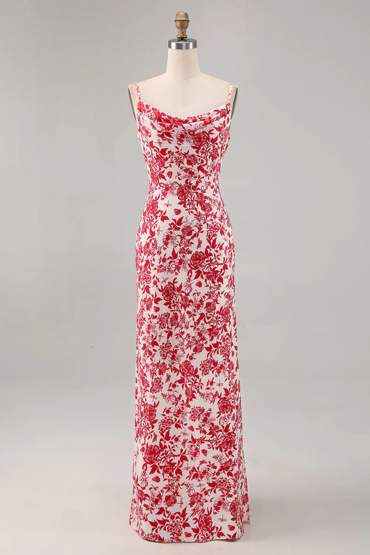 Sheath spaghetti with flower long wedding guest dress