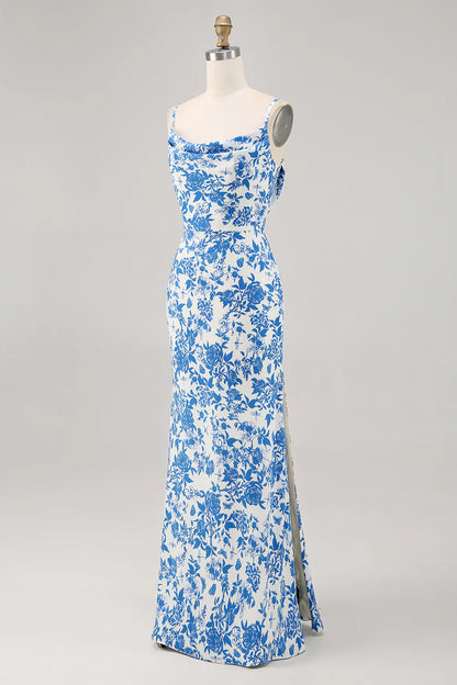 Sheath spaghetti with flower long wedding guest dress