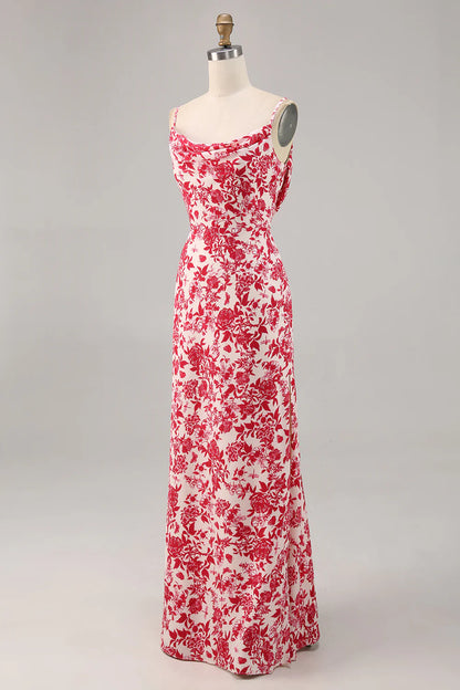 Sheath spaghetti with flower long wedding guest dress