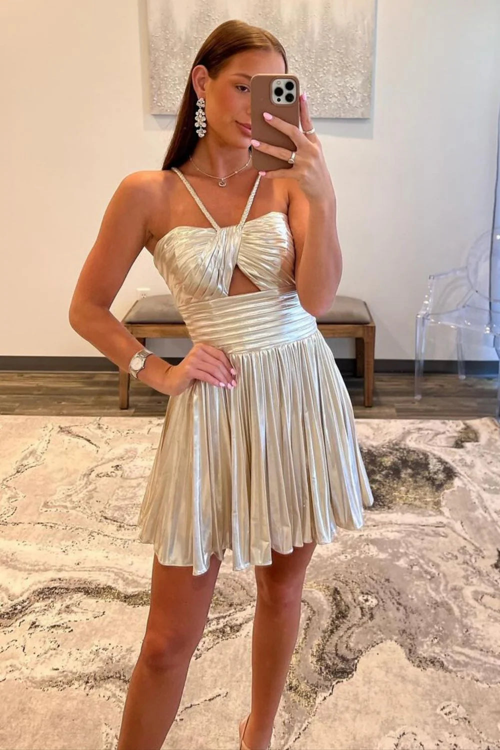 Gold metallic A-line halter neck short homecoming dress.