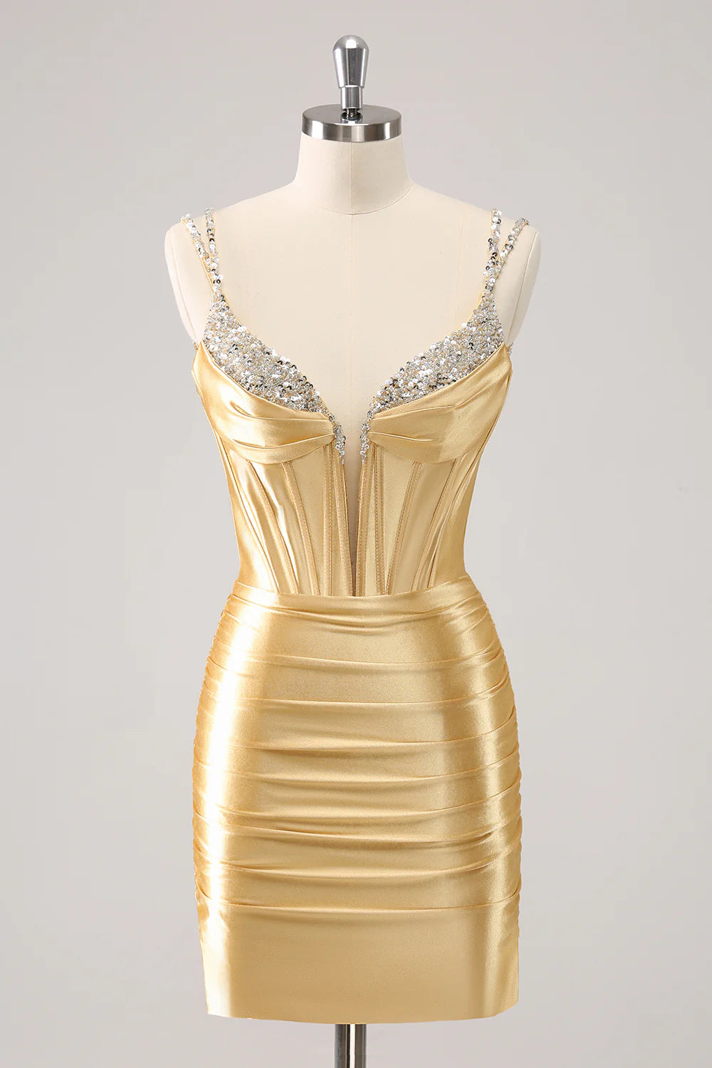 Golden sequin bodycon strapless short homecoming dress with corset detail.