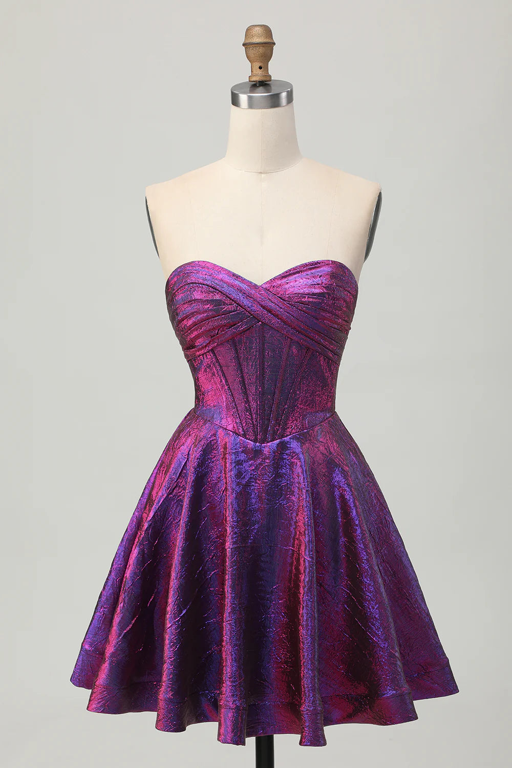 Metallic dark purple A-line strapless short homecoming dress, front view.