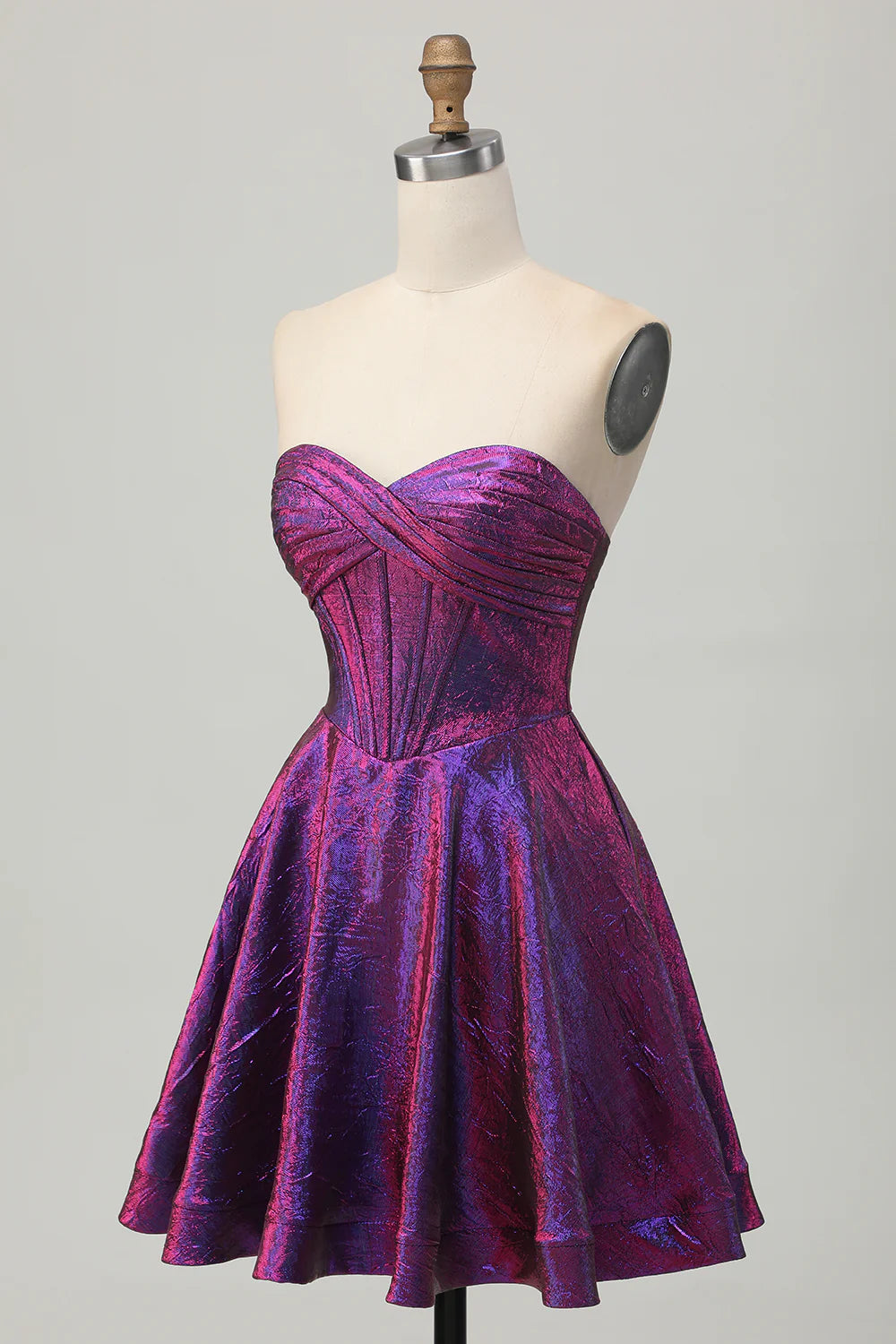 Back view of the metallic dark purple A-line strapless short homecoming dress.