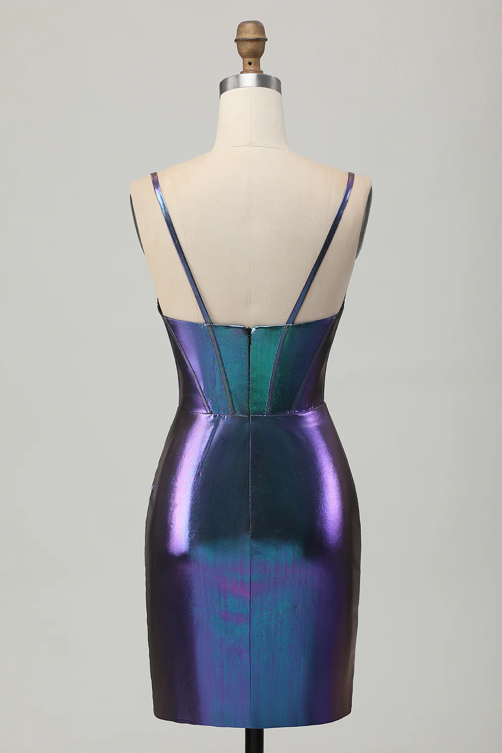 Back view of a model in a metallic blue purple strapless bodycon homecoming dress.
