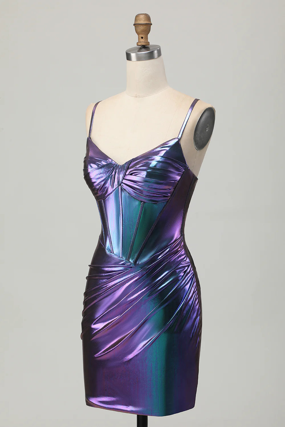 Side view of a model showcasing the metallic blue purple corset short dress.