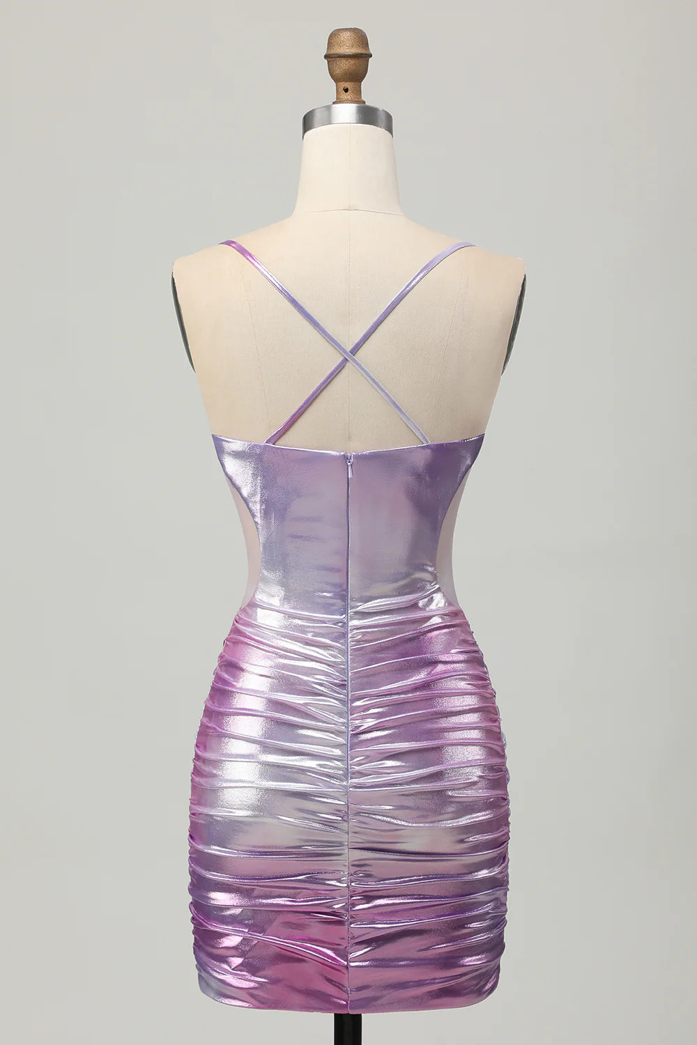 Side view of the tight silver purple metallic dress, highlighting its silhouette.