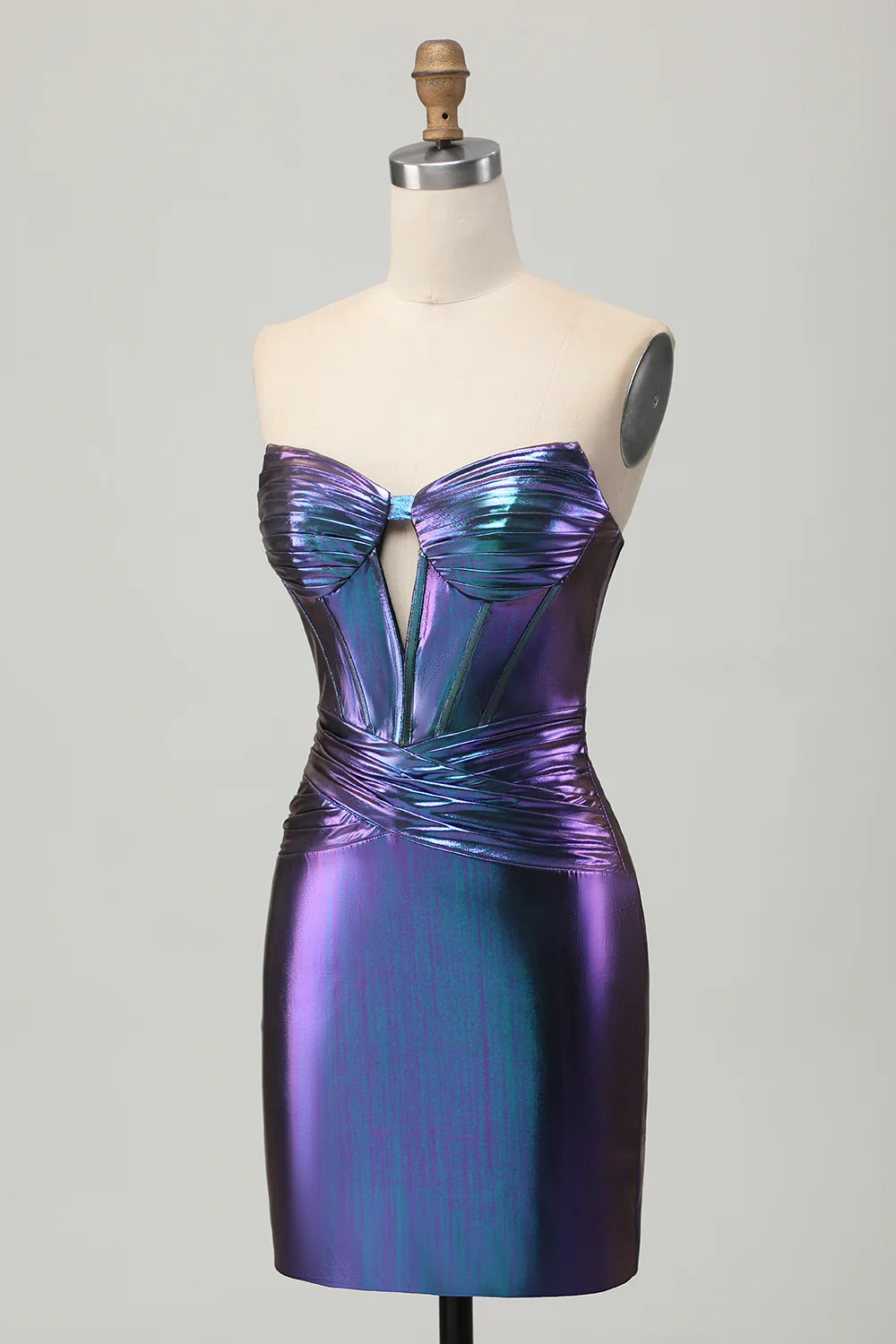 Side view of a metallic strapless blue purple short homecoming dress, highlighting the shimmering fabric.