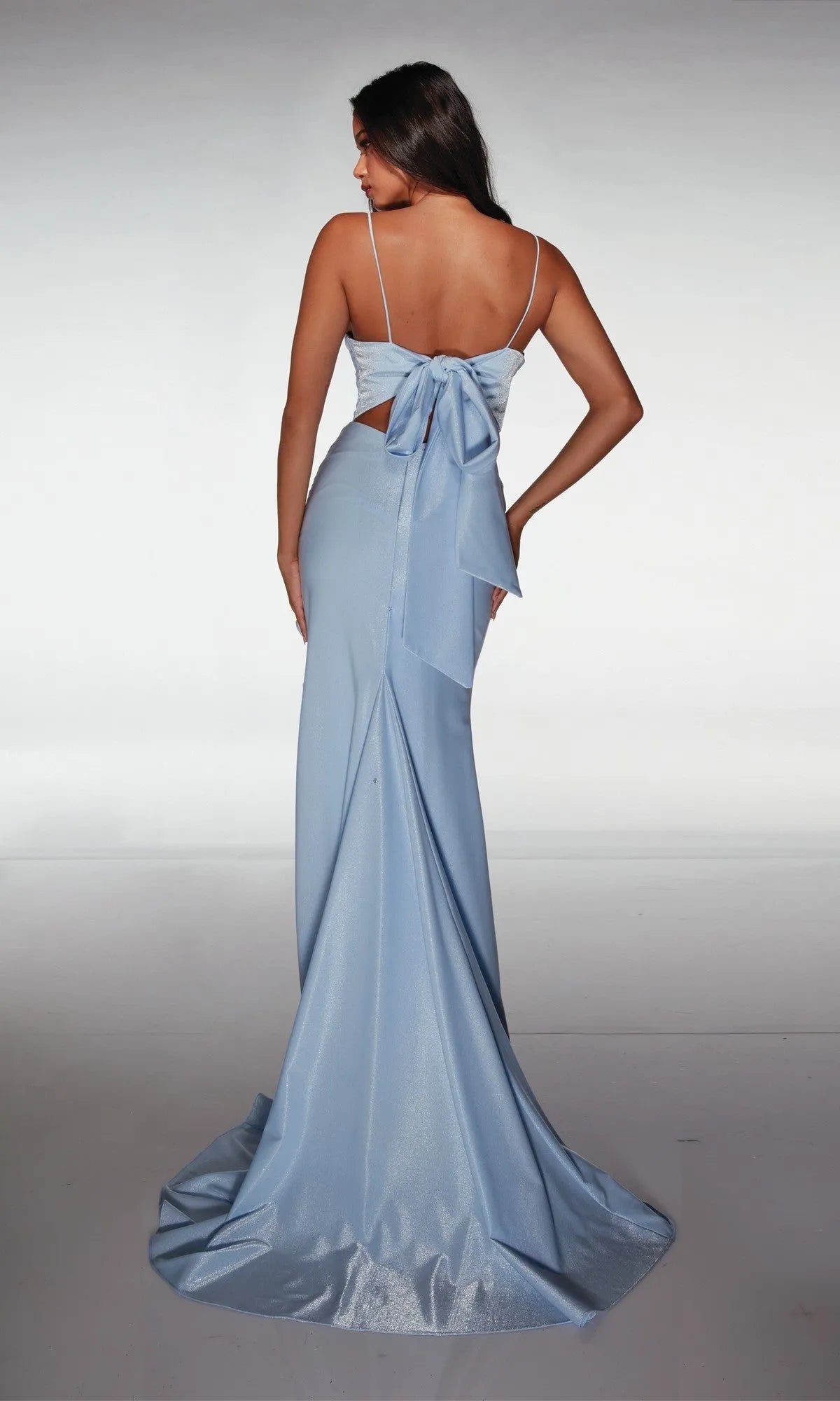 Shimmering Mermaid Plunging V-Neck Spaghetti Strap Bow Back Detail Satin Ruffled High Slit Prom Dresses