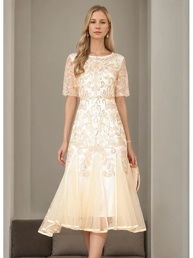 Shimmering A-Line Boat Neck Short Sleeve Sequin Champagne Midi Prom Dress