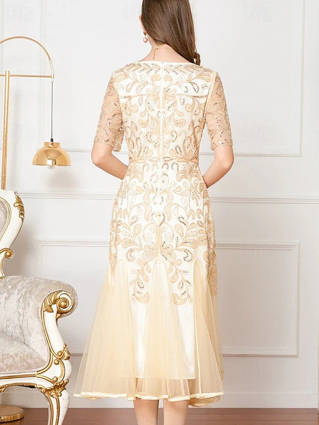 Shimmering A-Line Boat Neck Short Sleeve Sequin Champagne Midi Prom Dress