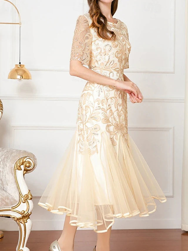 Shimmering A-Line Boat Neck Short Sleeve Sequin Champagne Midi Prom Dress