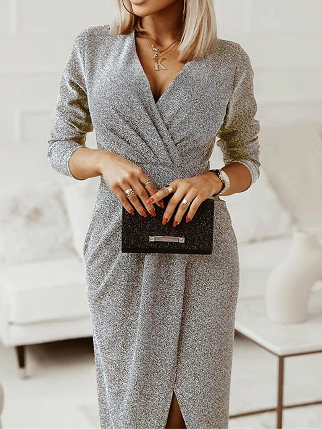 Shimmering Sheath V-Neck Long Sleeve Draped Silver Grey Midi Prom Dress