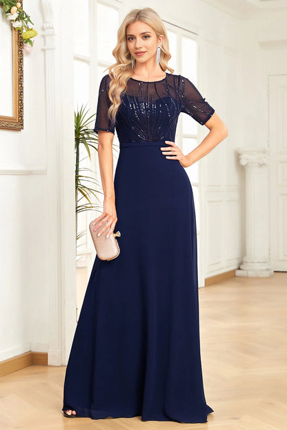 Shiny A-line round neck sequined short sleeved formal dress
