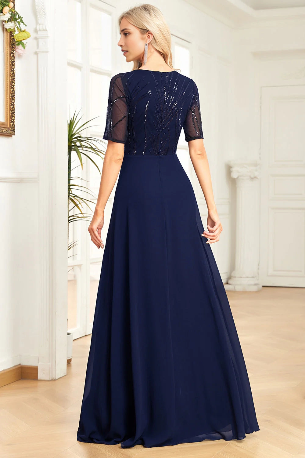 Shiny A-line round neck sequined short sleeved formal dress