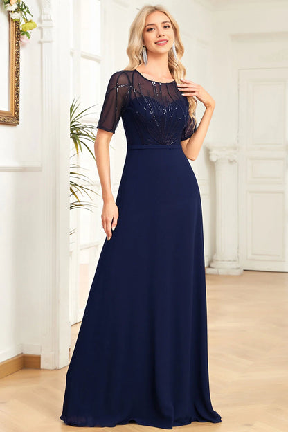 Shiny A-line round neck sequined short sleeved formal dress