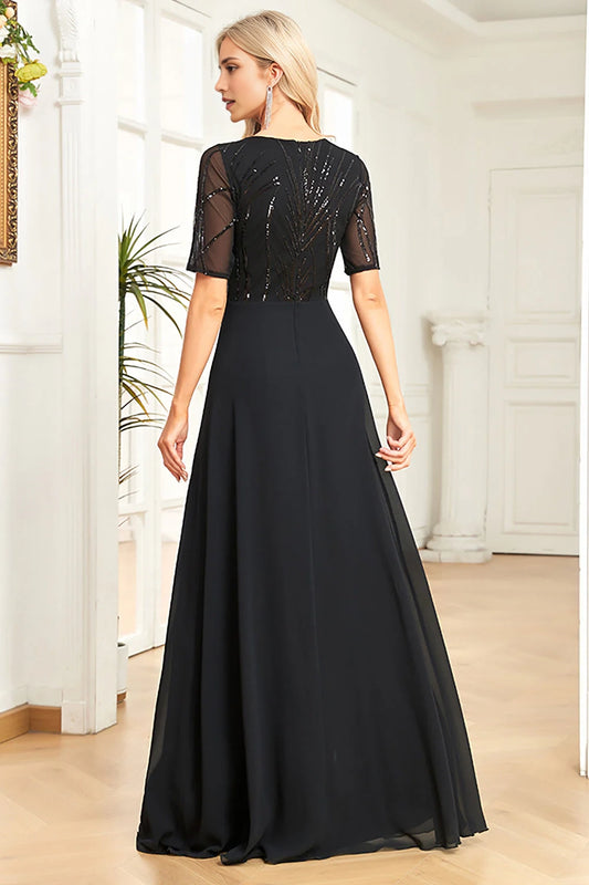Shiny A-line round neck sequined short sleeved formal dress