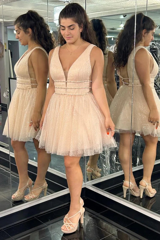 Shiny V-neck A-line short back to school dress