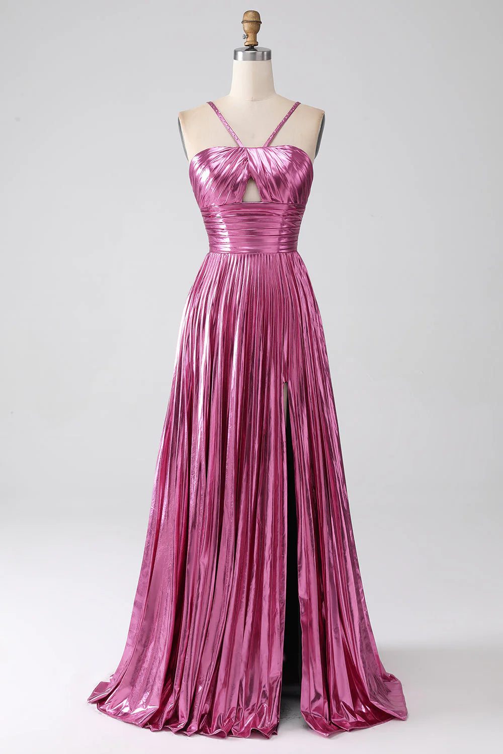 Shiny metal A-line hollow pleated long dress with slit for the ball