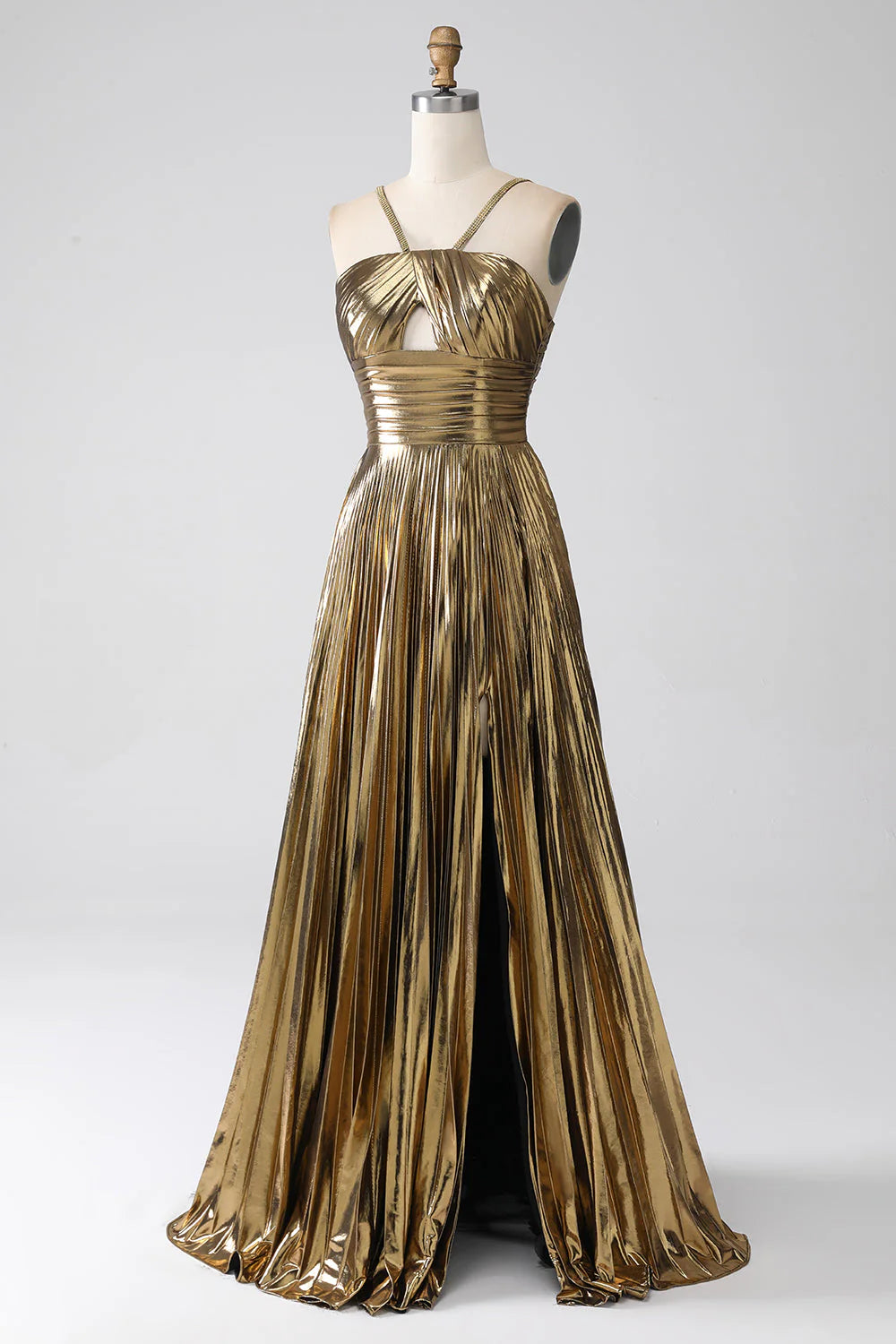 Shiny metal A-line hollow pleated long dress with slit for the ball
