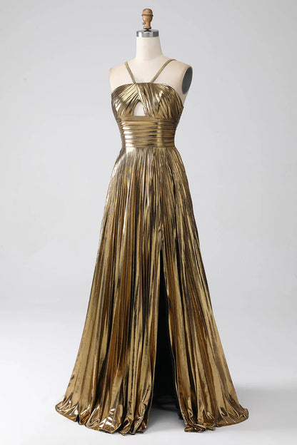 Shiny metal A-line hollow pleated long dress with slit for the ball