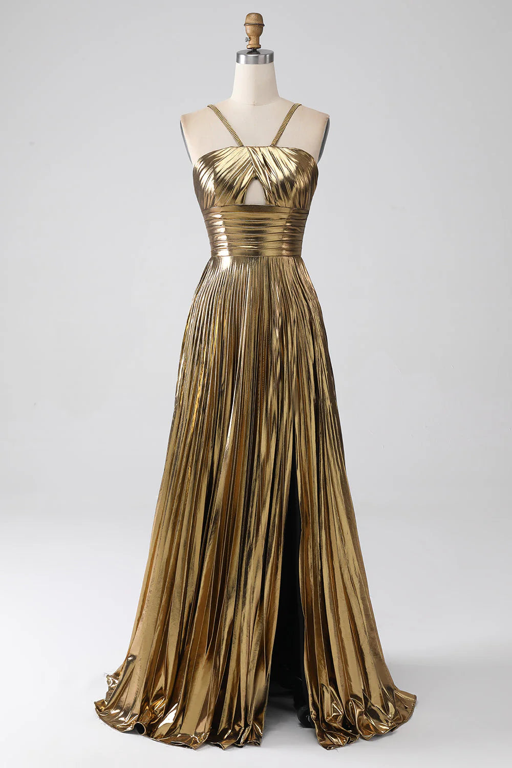 Shiny metal A-line hollow pleated long dress with slit for the ball