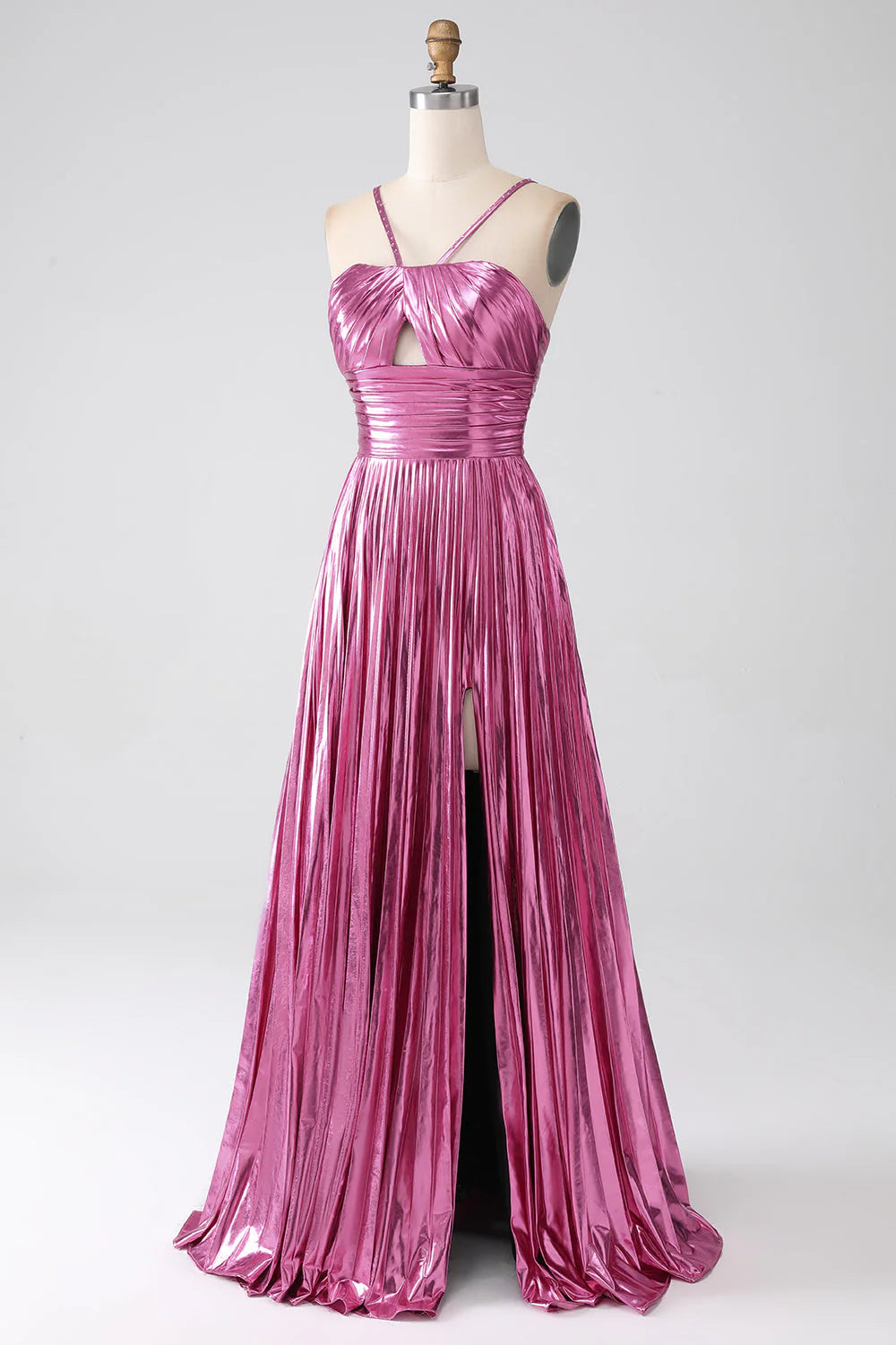 Shiny metal A-line hollow pleated long dress with slit for the ball