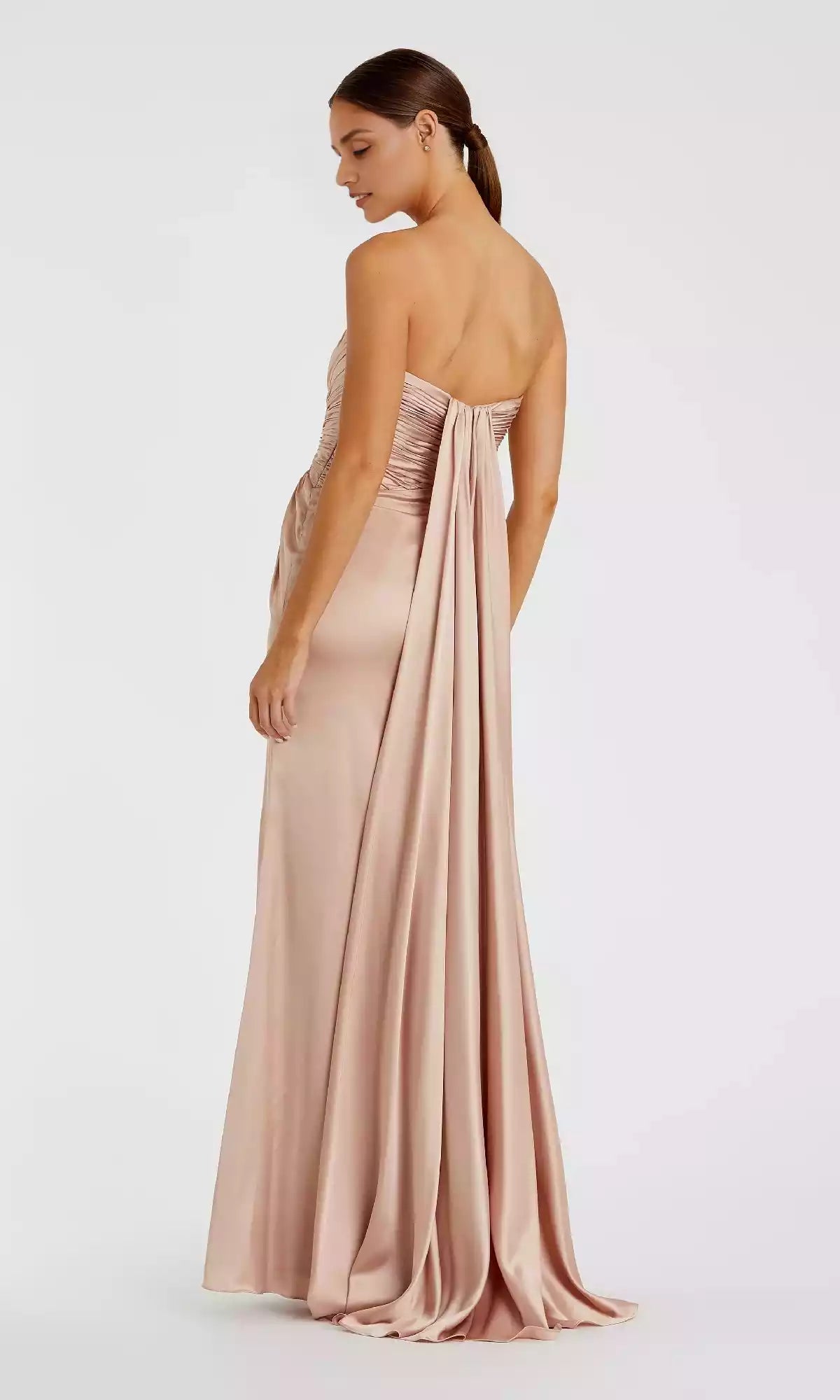 Shiny satin strapless long pleated corset with diamond shaped hollowed out sides and high slits, showcasing charming style Prom Dresses