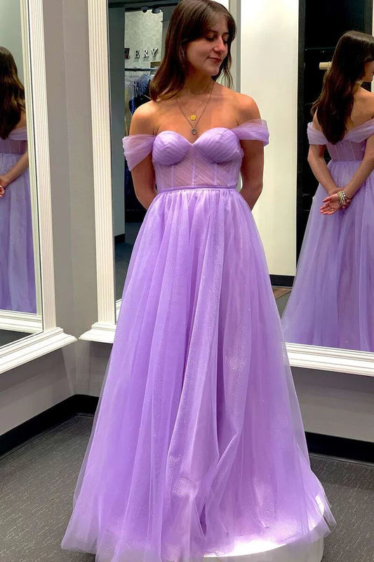 Shoulder baring full A-line ball gown