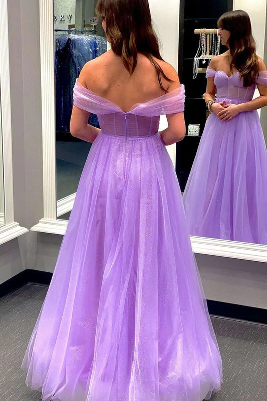 Shoulder baring full A-line ball gown
