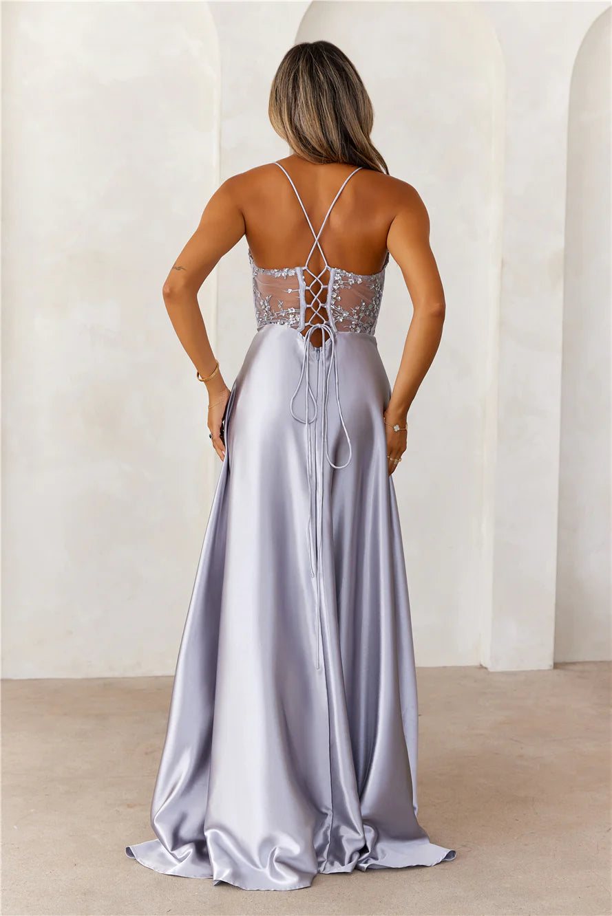 Silver Floral Sequin Sheer Corset Satin Maxi Evening Dresses