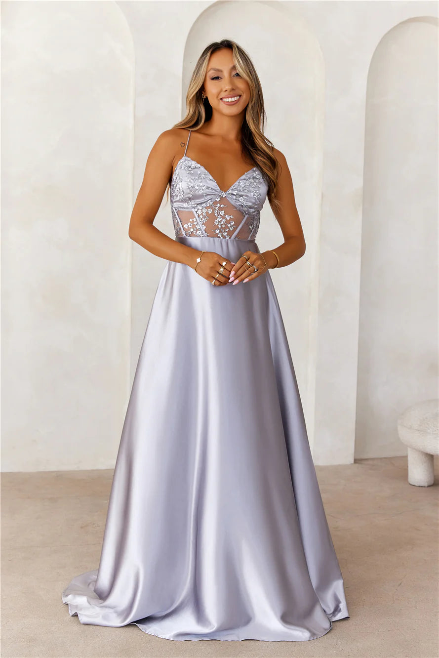 Silver Floral Sequin Sheer Corset Satin Maxi Evening Dresses