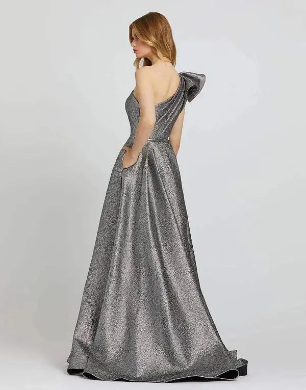 Silver Metallic One-Shoulder Ruffle Pocket Slit Maxi Evening Dresses