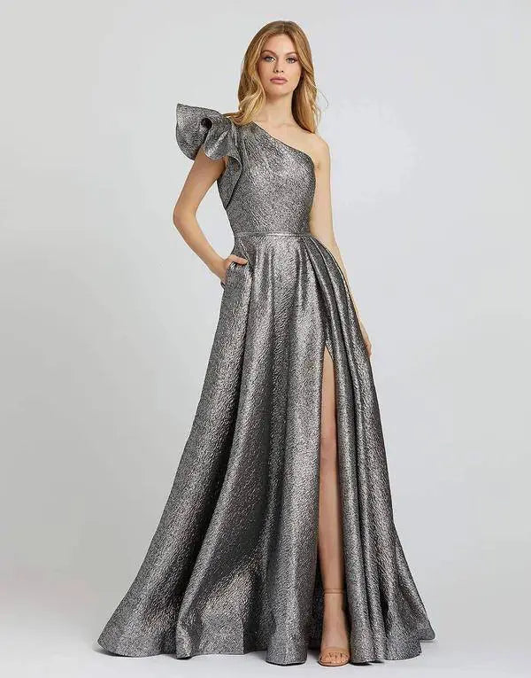 Silver Metallic One-Shoulder Ruffle Pocket Slit Maxi Evening Dresses