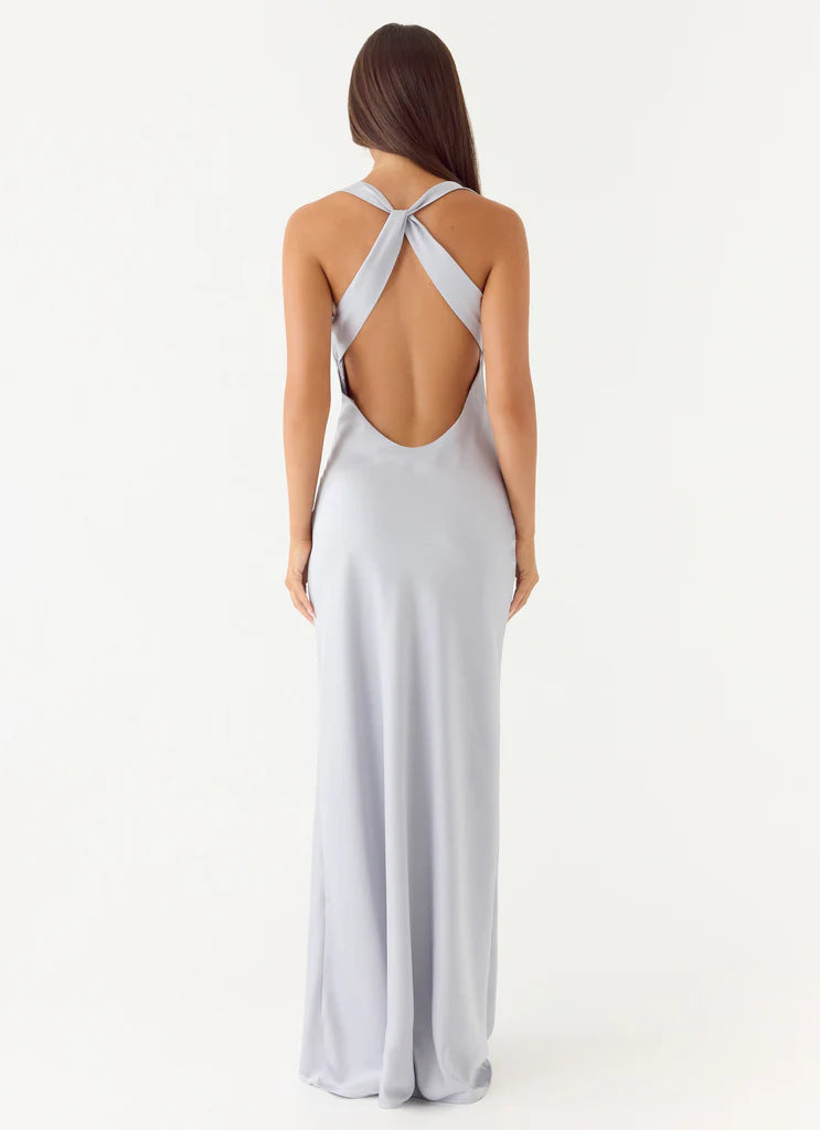 Silver Satin Cowl Neck Crisscross Back Maxi Evening Dresses