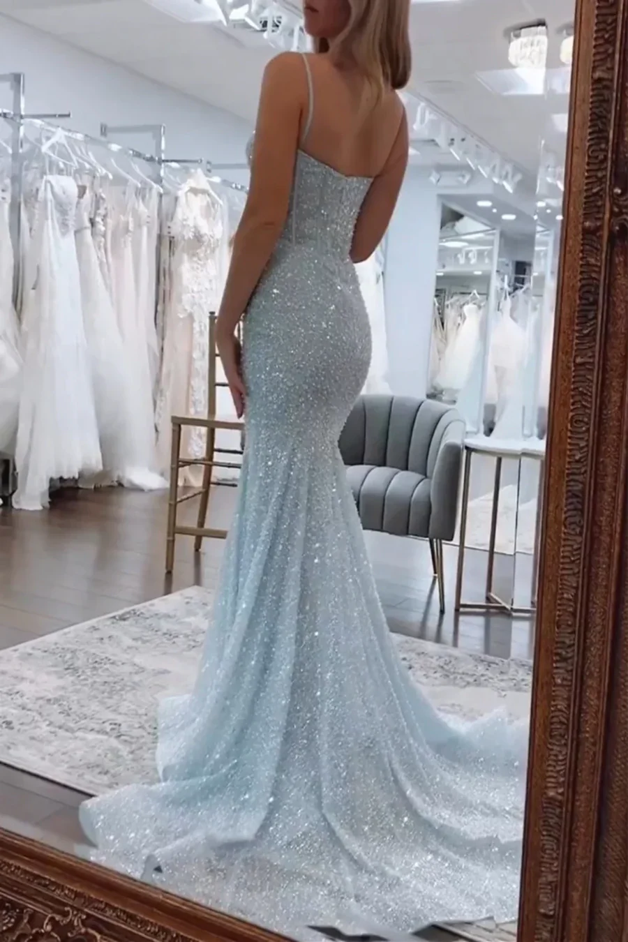 Silver Sequin Corset Mermaid Prom Dress with Train